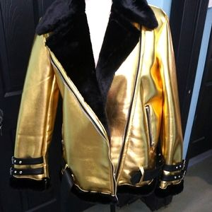 Faux Fur Metallic Gold Moto Jacket